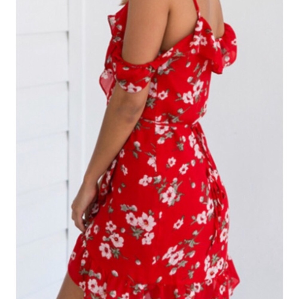 Red floral wrap dress